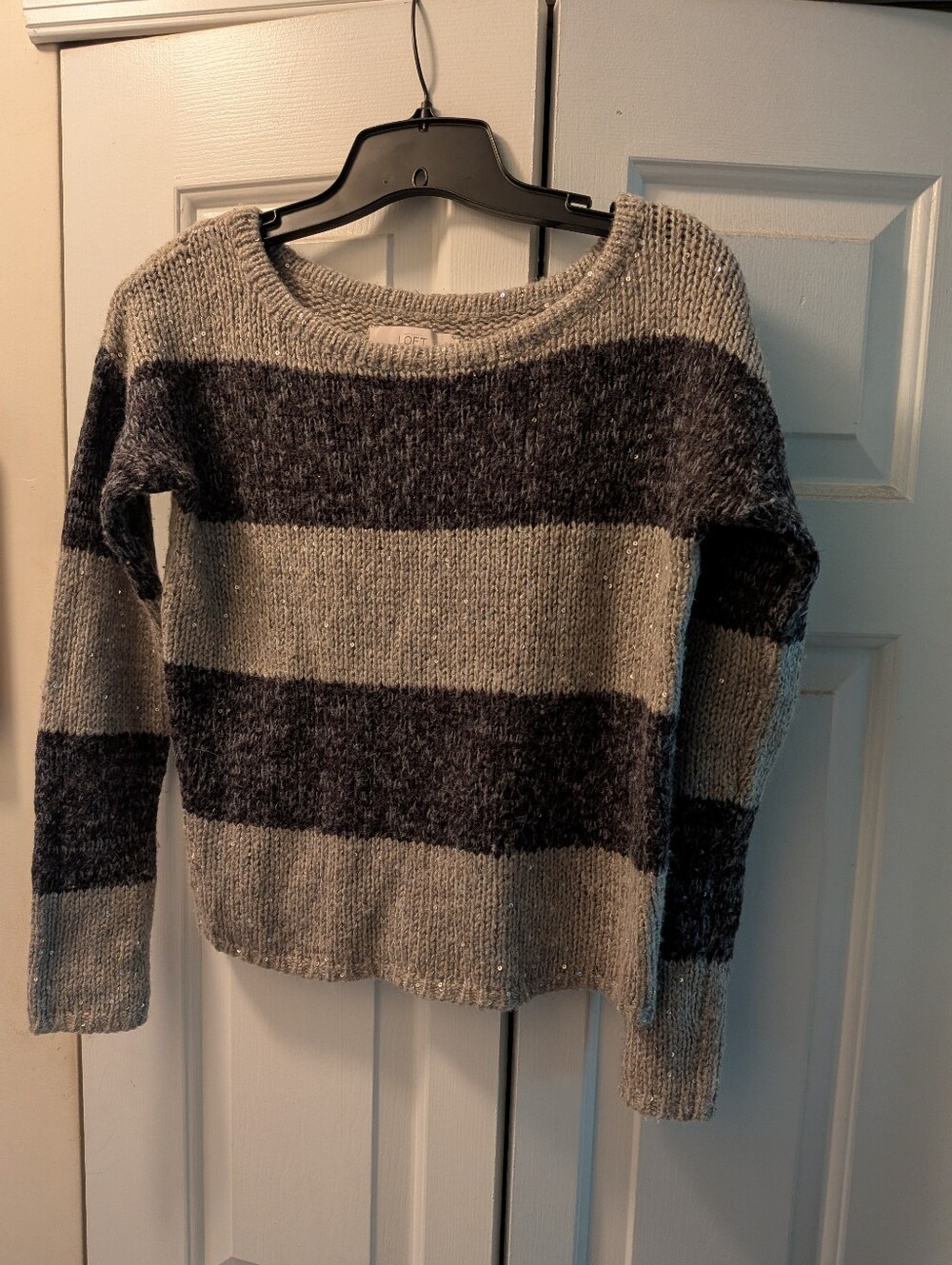 Loft Cozy Striped Knit Sweater with small sequins.- Gray/taupe & Charcoal.